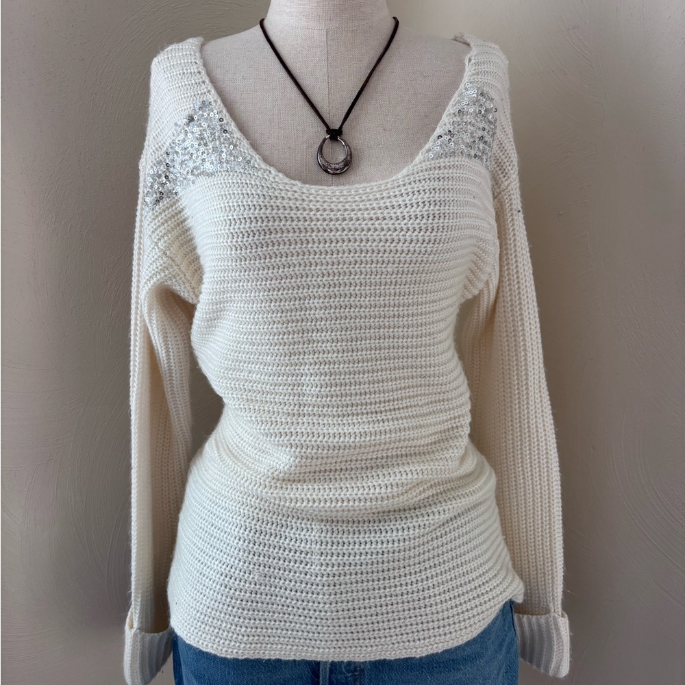 Allen B. By Allen Schwartz Cream Knit Sweater with Silver Sequins